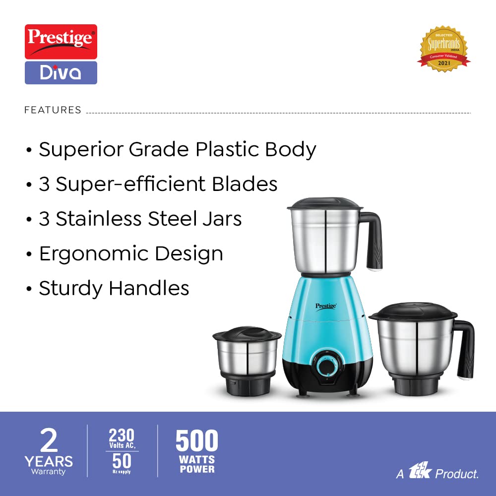 Prestige 500 Watts DIVA Mixer Grinder with 3 stainless Steel Jars